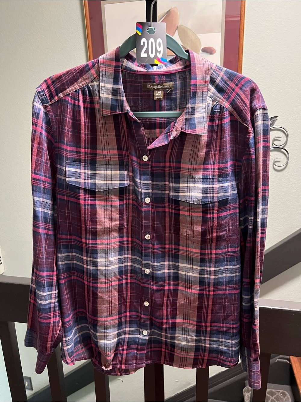 Tommy Bahama Women's Plaid Button-Down Shirt in Burgundy, Navy & Pink #209 - Picture 6 of 6